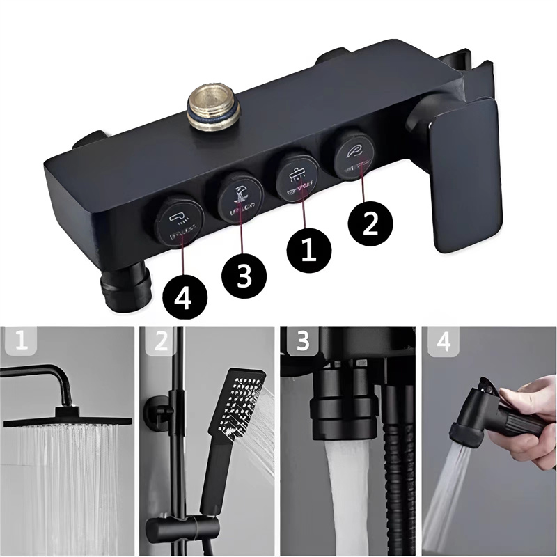 Llave Griferia Columna Tina/ducha/boton Cuadrada Negra Mate — foto 3